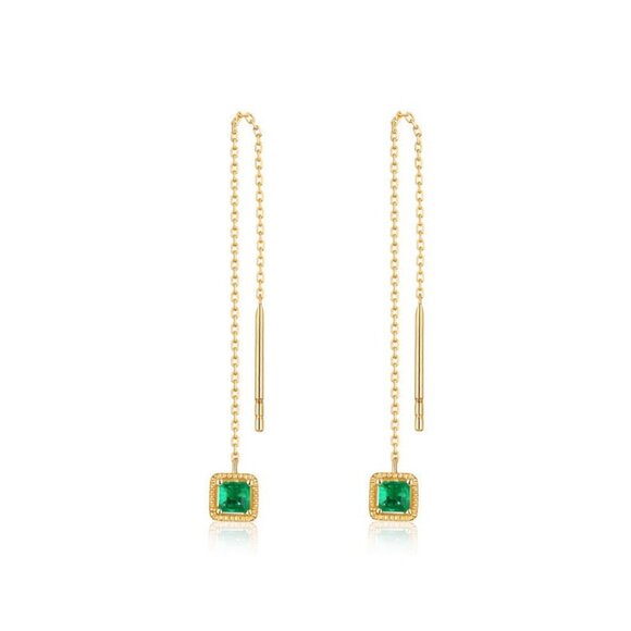 Square Emerald 14K (or 18k upon request) Yellow Gold Threader Earrings - Picture 1 of 4